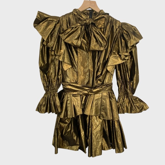 Dolce & Gabbana NWT Gold Bronze Metallic Tie Neck Ruffle Mini Dress Size 38 - Picture 3 of 11